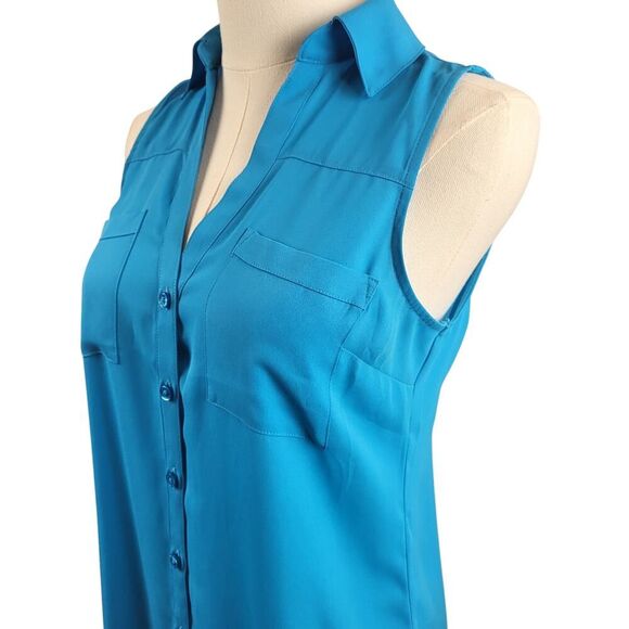 Express X-Small Sleeveless Teal Blouse Collared Button Shirttail Front Pockets - Picture 6 of 10